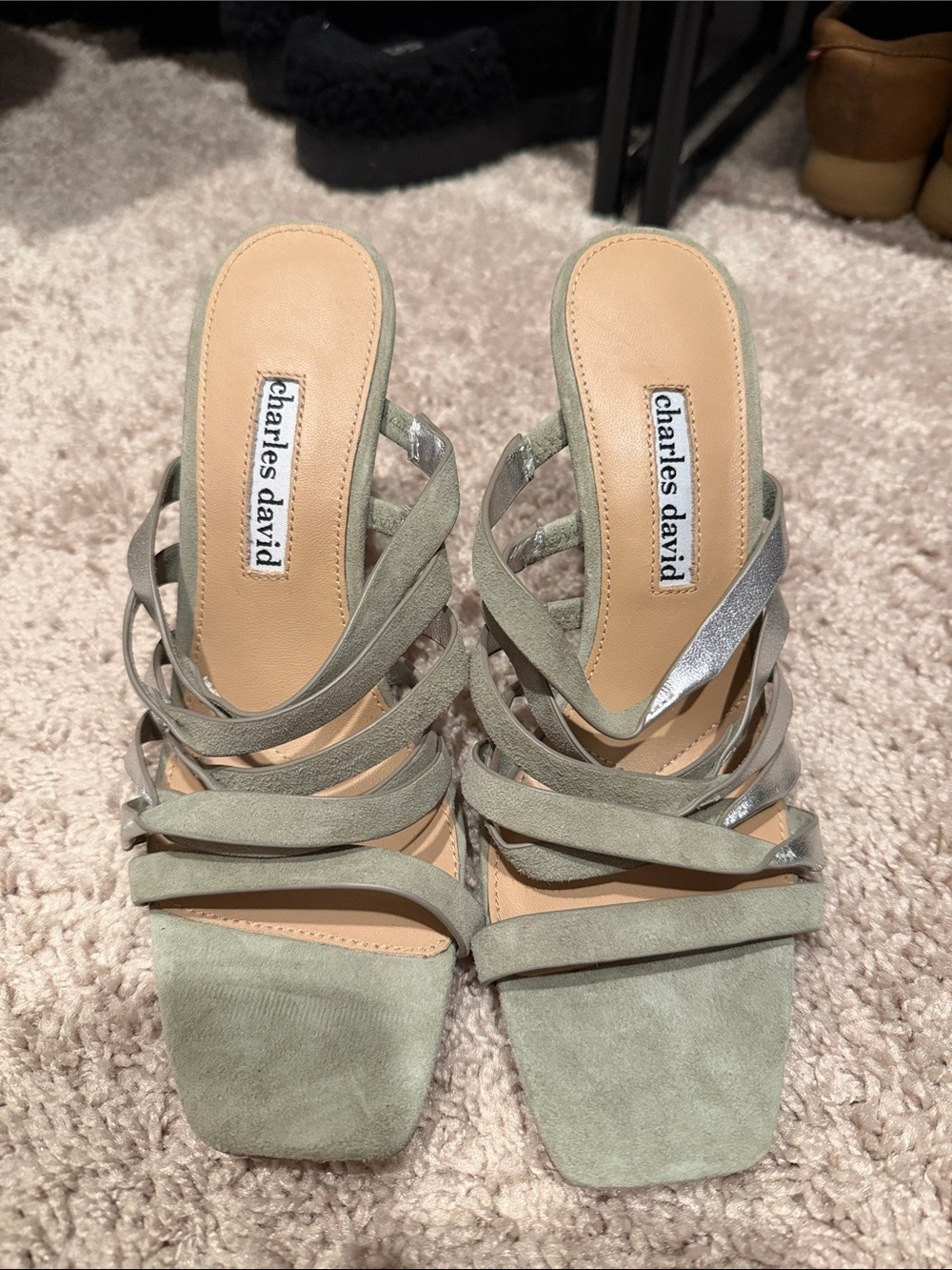 Charles David Sage Green Strappy Suede Mules with Silver Accent